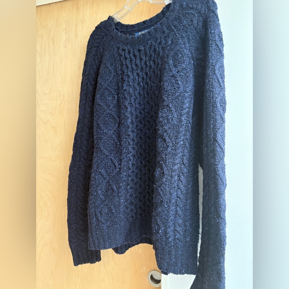Polo Ralph Lauren Mens Wool-Blend Fisherman Sweater in Speckled Indigo-Navy